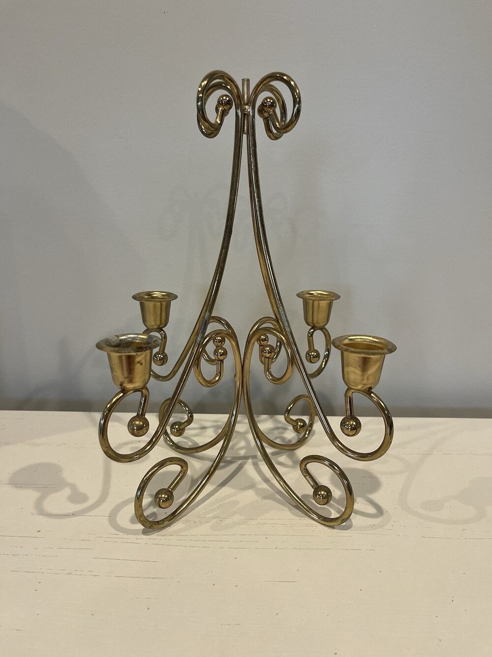 Vintage Brass Candelabra 4-Arm Christmas Tree Scroll Design Candle Holder